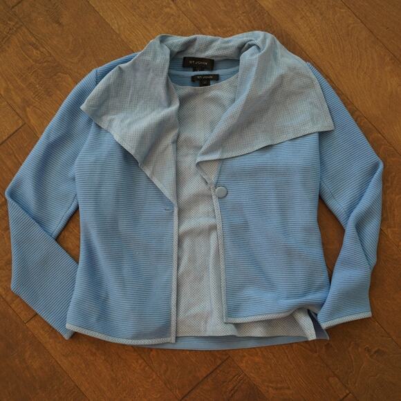 St. John Blue Wool Ribbed 1 button Jacket w perforated Leather with matching Top - Picture 10 of 11